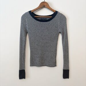 American Eagle Wide Neck Ribbed Knit Sweater Top | Navy & White Stripe SMALL